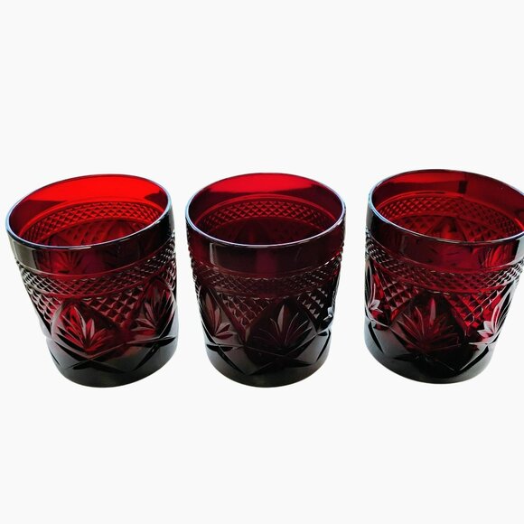 Cristal D' Arques France Ruby Red Old Fashion Whiskey Glasses Set Of 3 Tumblers - Picture 3 of 3